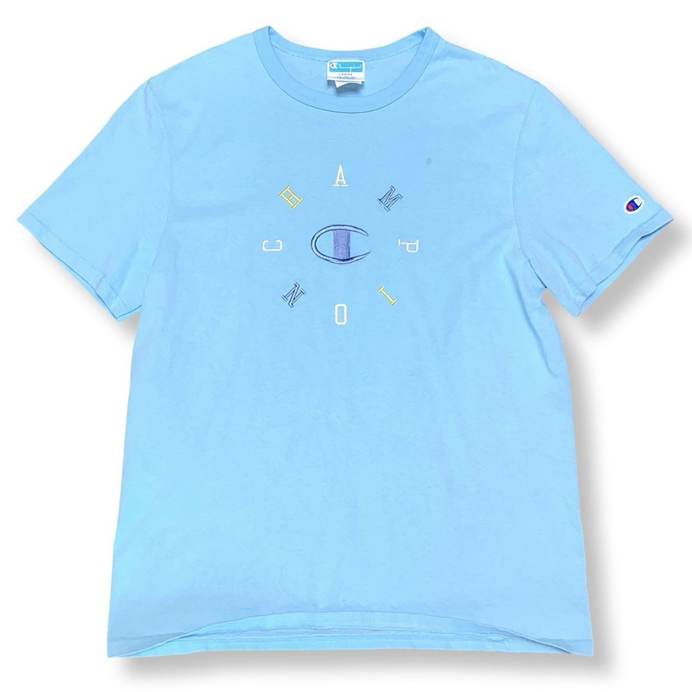 Vintage Champion Embroidered Mens T Shirt Light Blue Size Large Graphic Tee